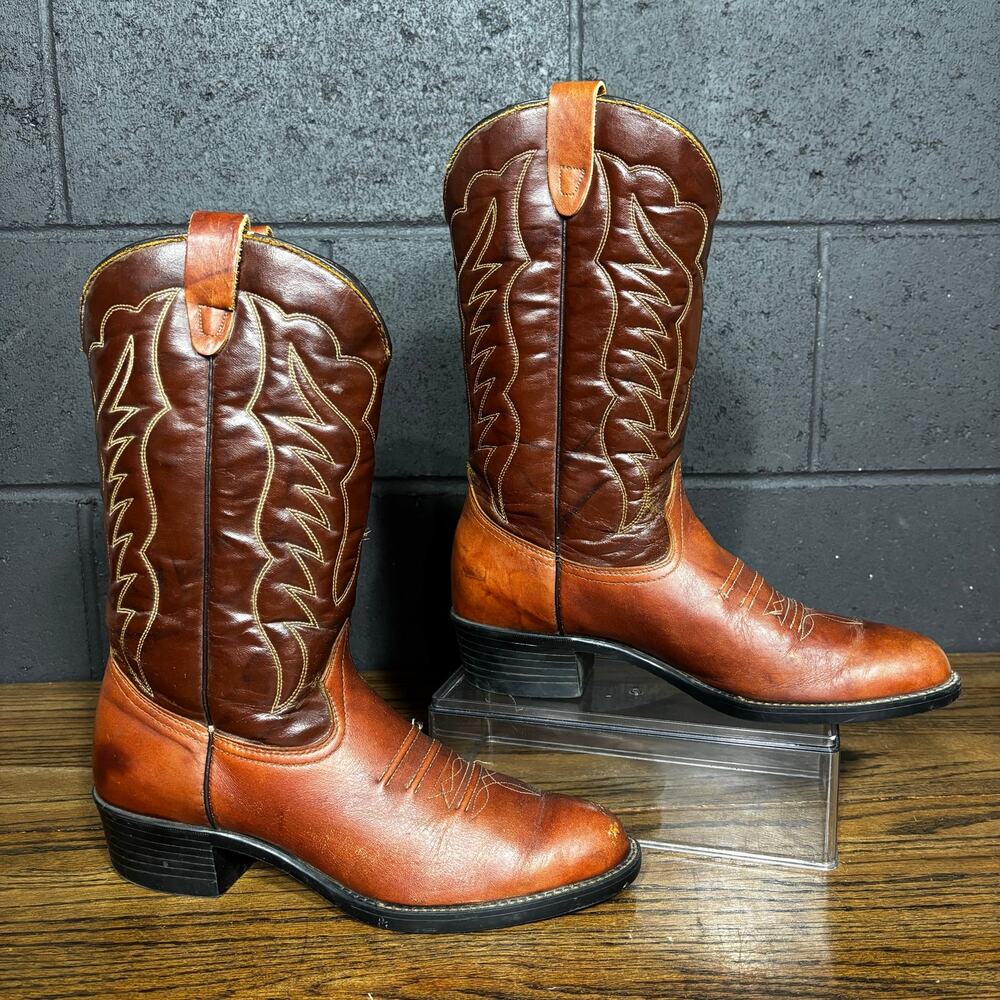 Vintage USA Made Western Cowboy Boots Brown Leather Roper Boots Men’s 10 D